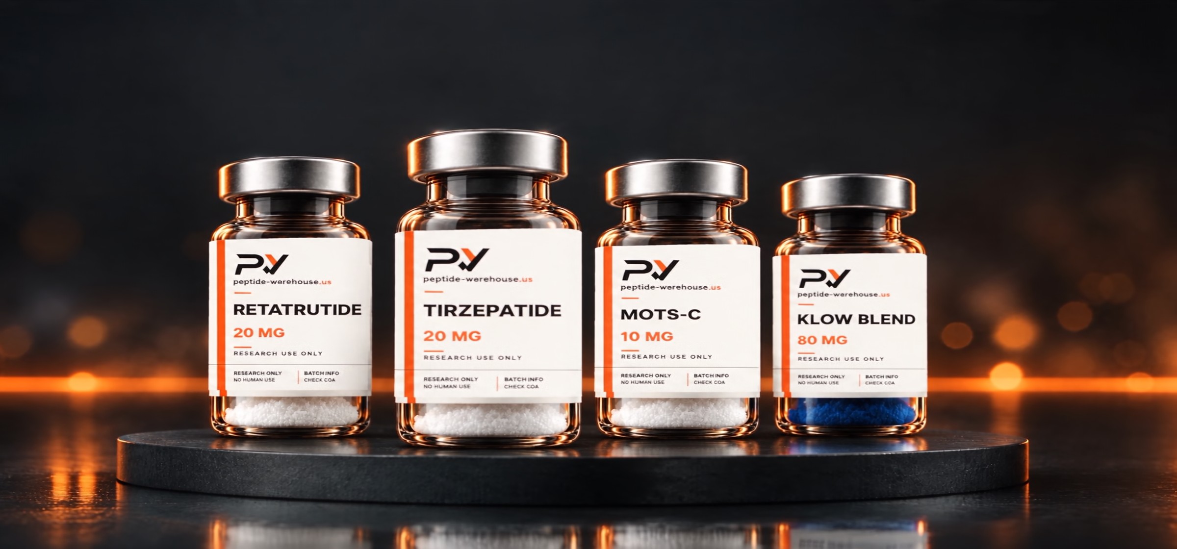Retatrutide, Tirzepatide, MOTS-c, and KLOW Blend research vials with Peptide Warehouse labels in a dark studio.