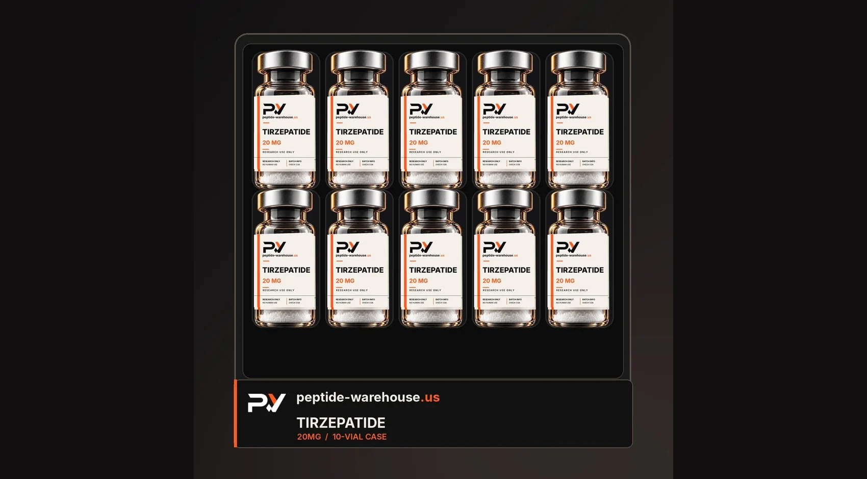 Tirzepatide 10-vial research case on a dark studio surface.