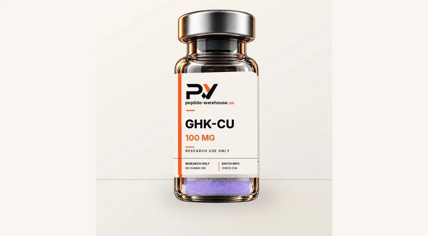 GHK-Cu research vial with a white label and orange accent stripe.