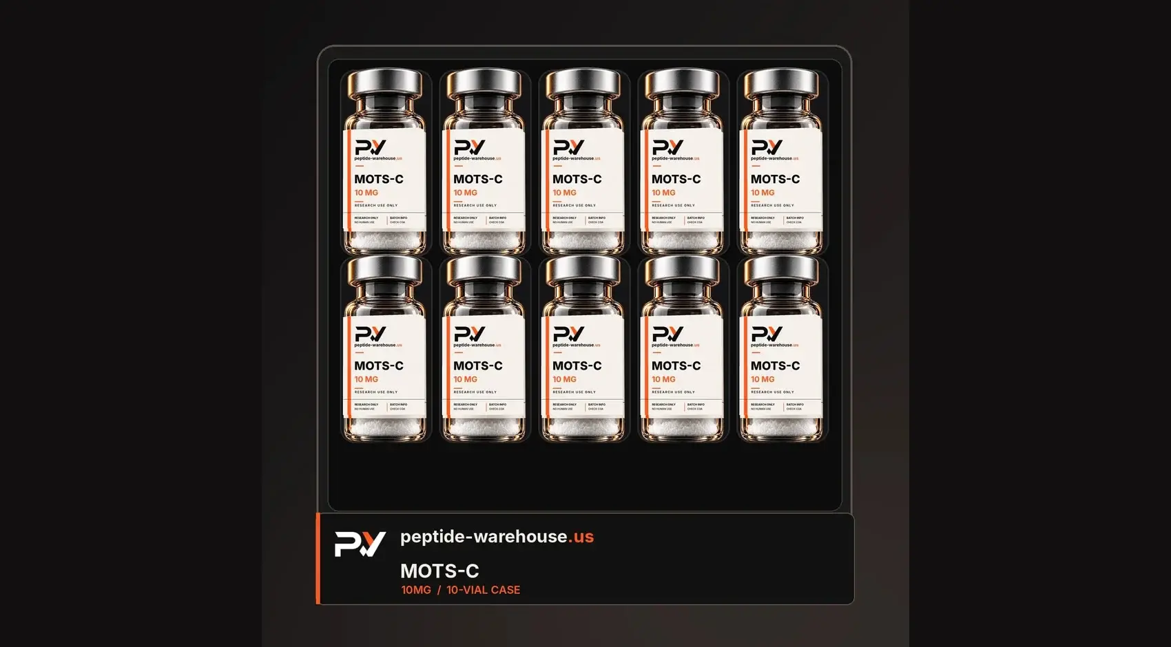 MOTS-c 10-vial research case on a dark studio surface.