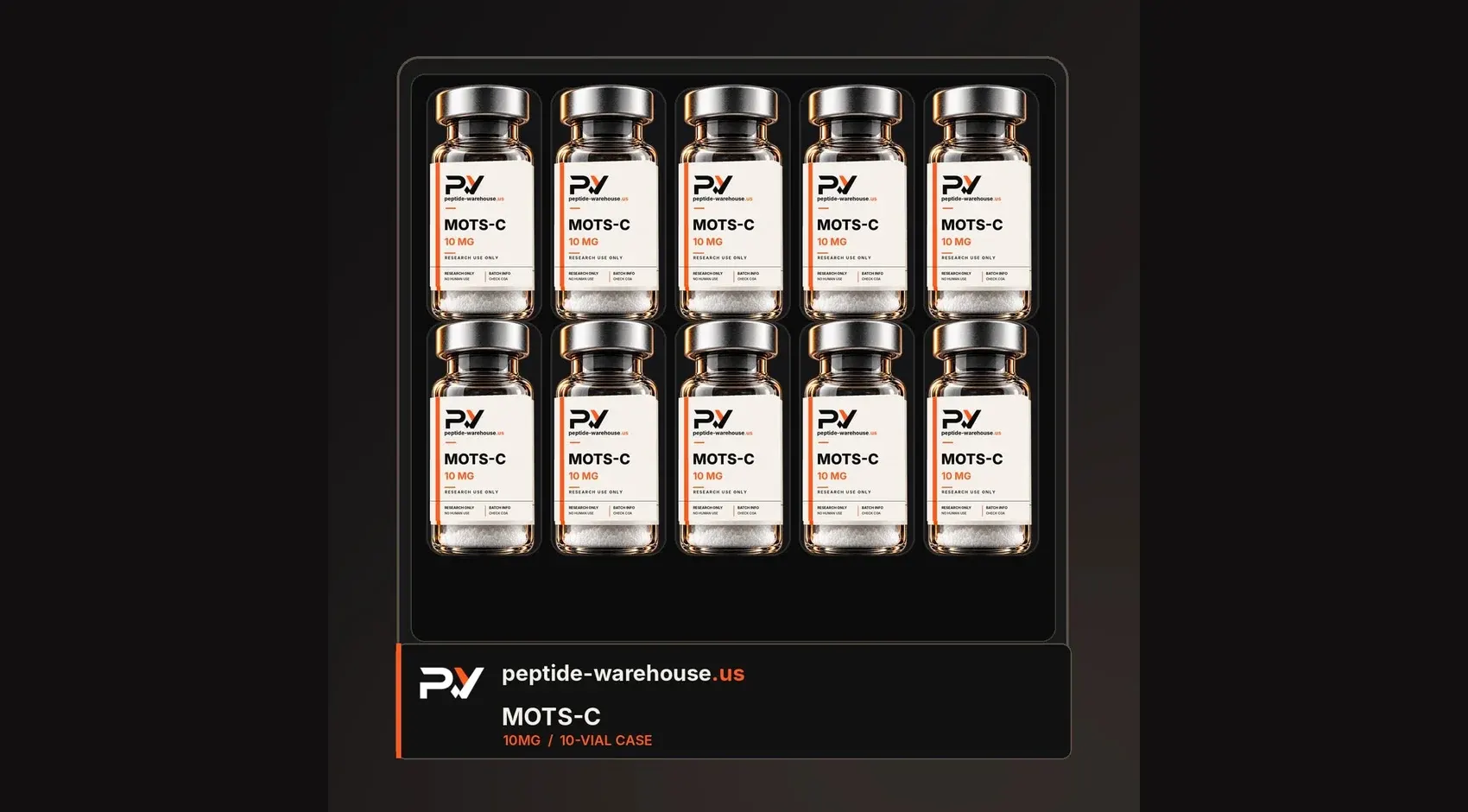 MOTS-c 10-vial research case on a dark studio surface.