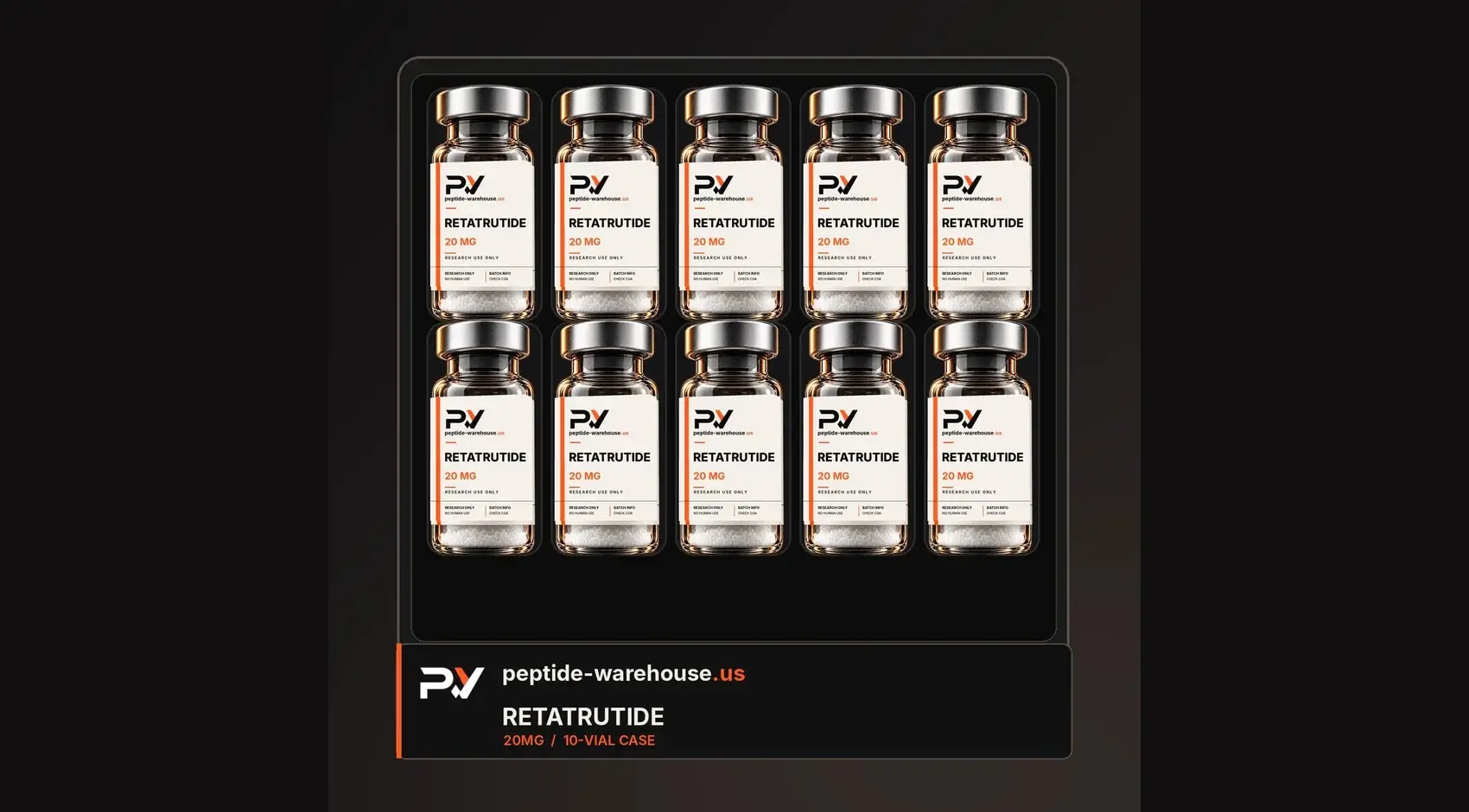 Retatrutide 10-vial research case on a dark studio surface.